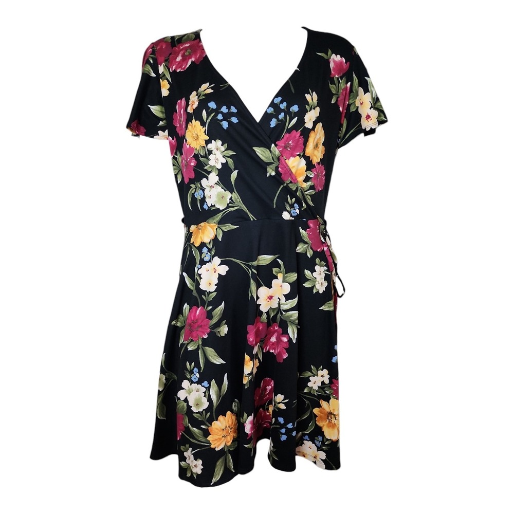 Fortune & Ivy Stitch Fix Dress‎ Womens Size XL Black Floral Roanne Faux Wrap Tie